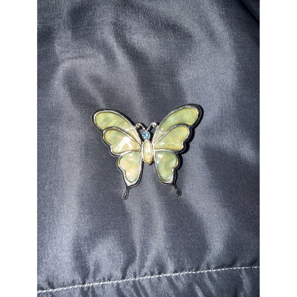 Vintage Butterfly Brooch Silver Tone Green Enamel Blue Rhinestone Pin Accessory